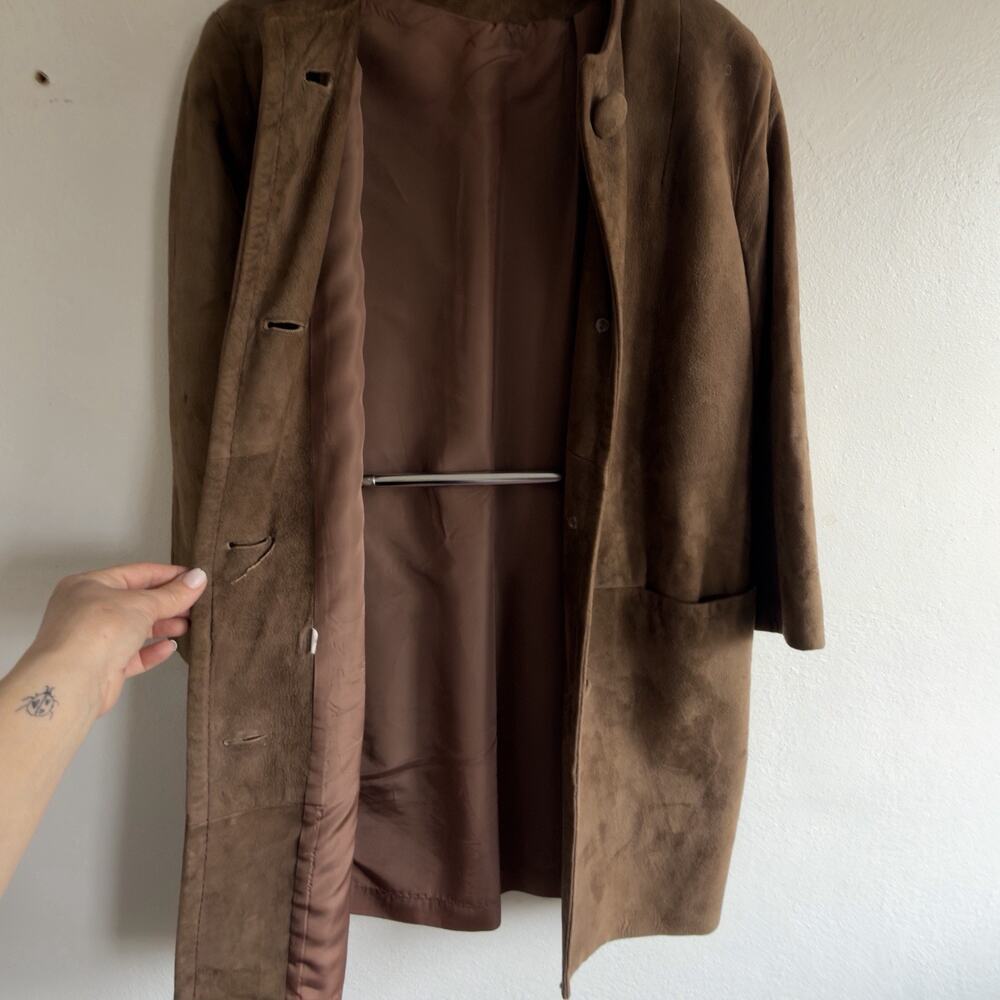 Vintage 1960s Camel Suede Collarless Swing Coat Covered Buttons Mid Century Sz 8 - Picture 9 of 12